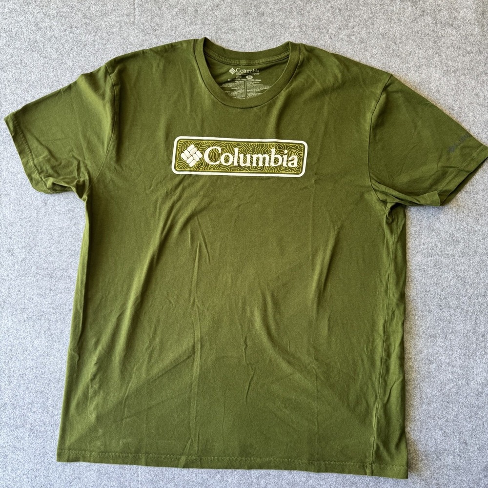 Columbia Mens XLT Olive Green Topographic Logo Graphic Cotton Short Sleeve Tee